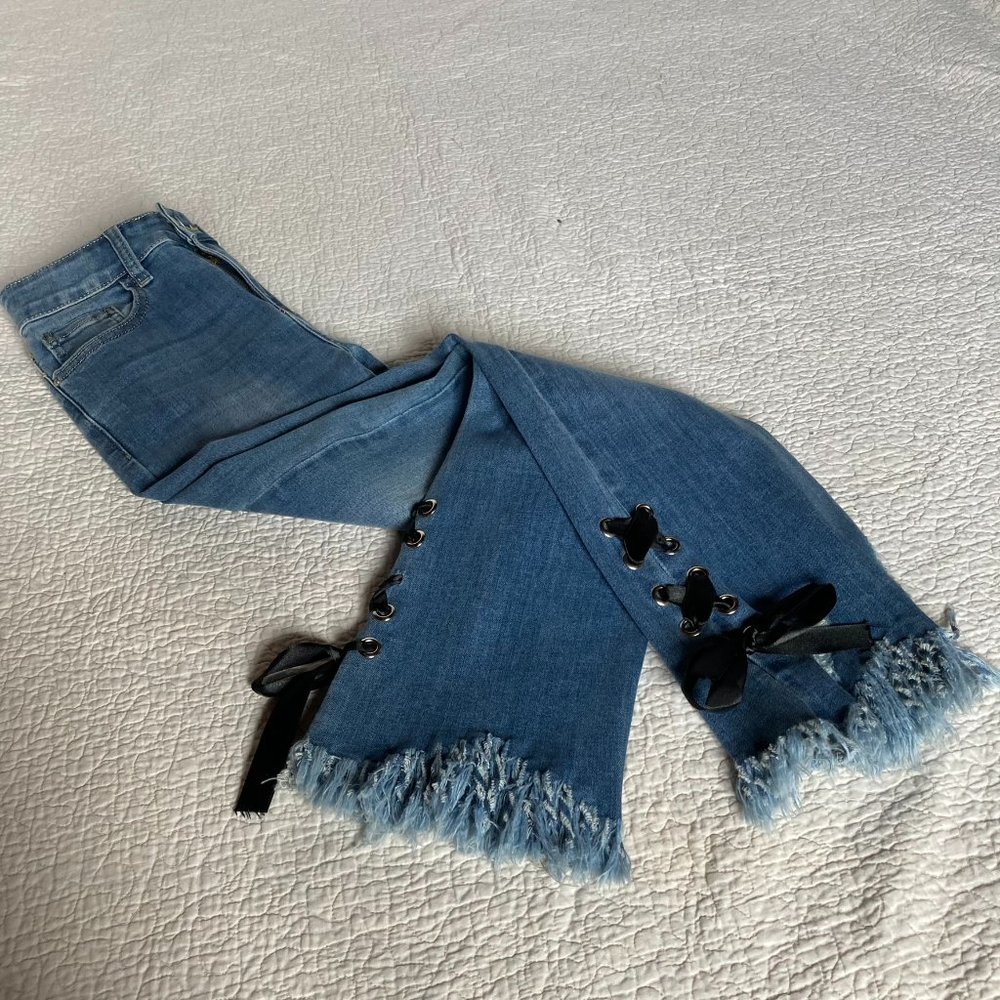 Redial Premium Denim Collection Corset Fringe Hem Blue Jeans sz 34/XS